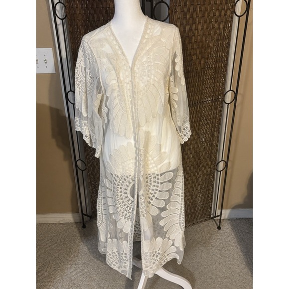 Rebellion Sweaters - Rebellion Again Sz S Ivory Lace Sheer Kimono Duster Cardigan Boho Embroidered